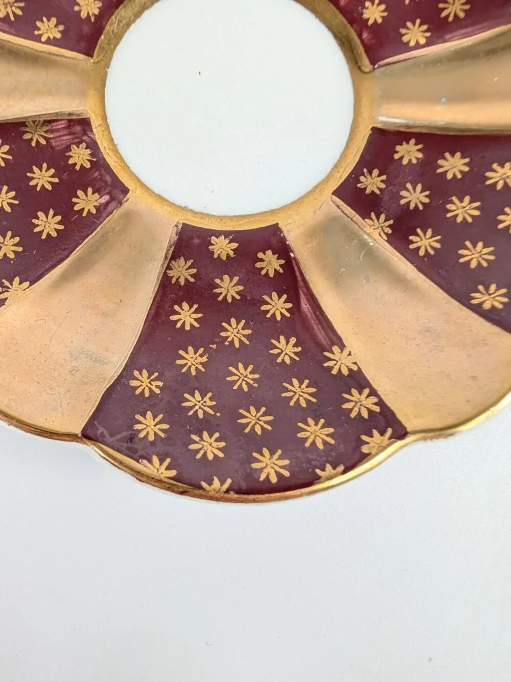 Vintage Burgundy and Gold Scalloped Bone China Saucer Made in England